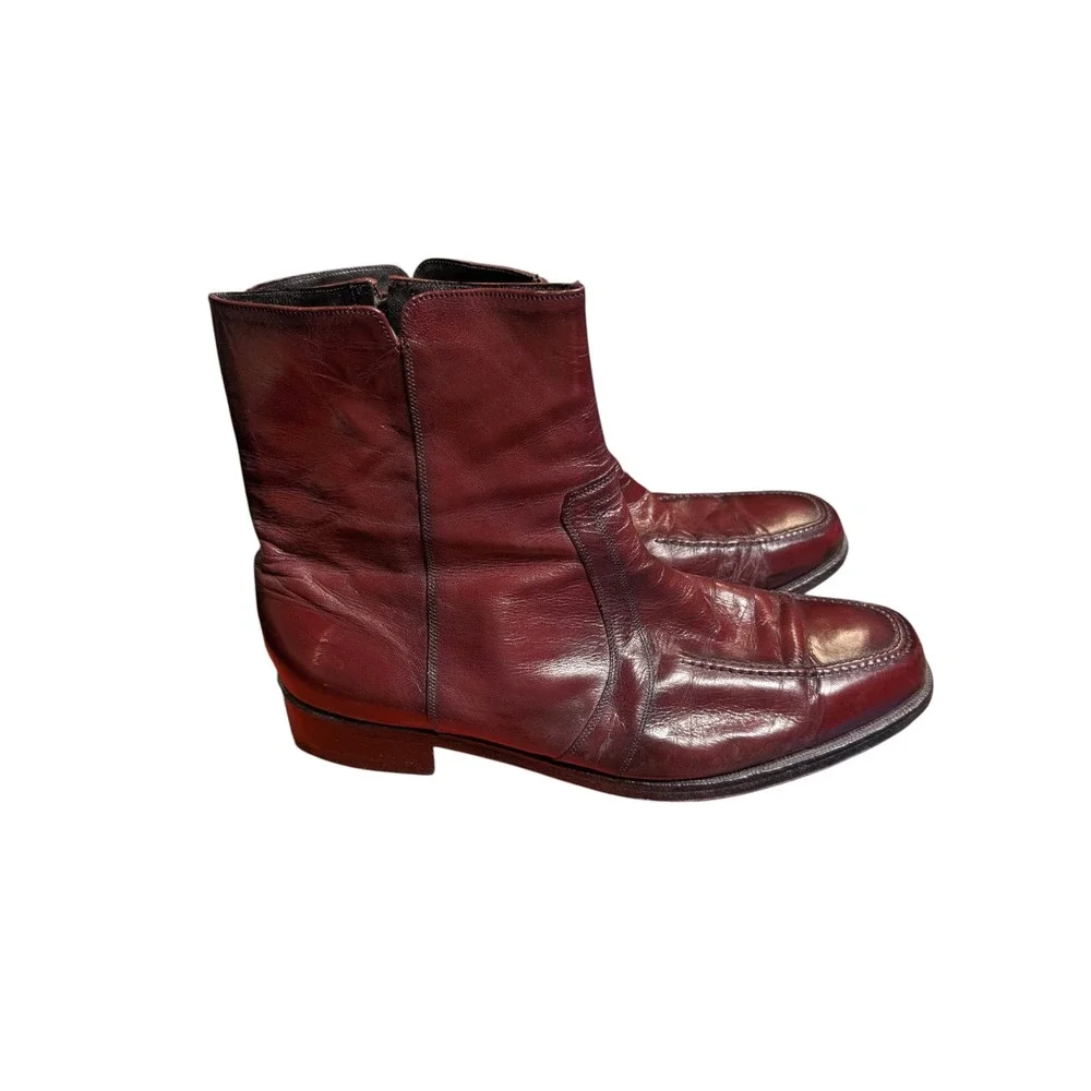 Florsheim Mens Burgundy Leather Side Zip Moc Toe Ankle Boots Vintage Style